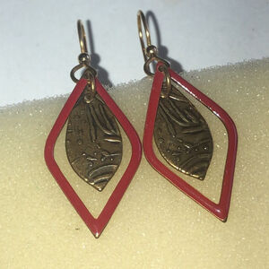 Vintage Brass & Red Dangling Dainty Boho Pierced Earrings